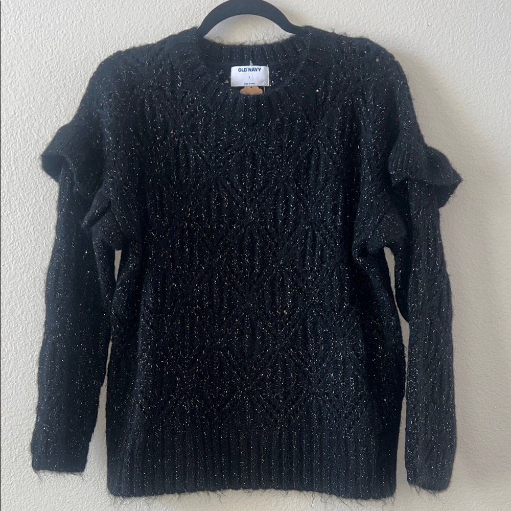 Old Navy Ruffle Sparkle Black Crew Neck Sweater. Size large NWT